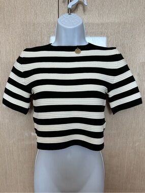 NEW MANGANO Black & White Striped Rib Knit Open Back Crop Top MADE IN ITALY
